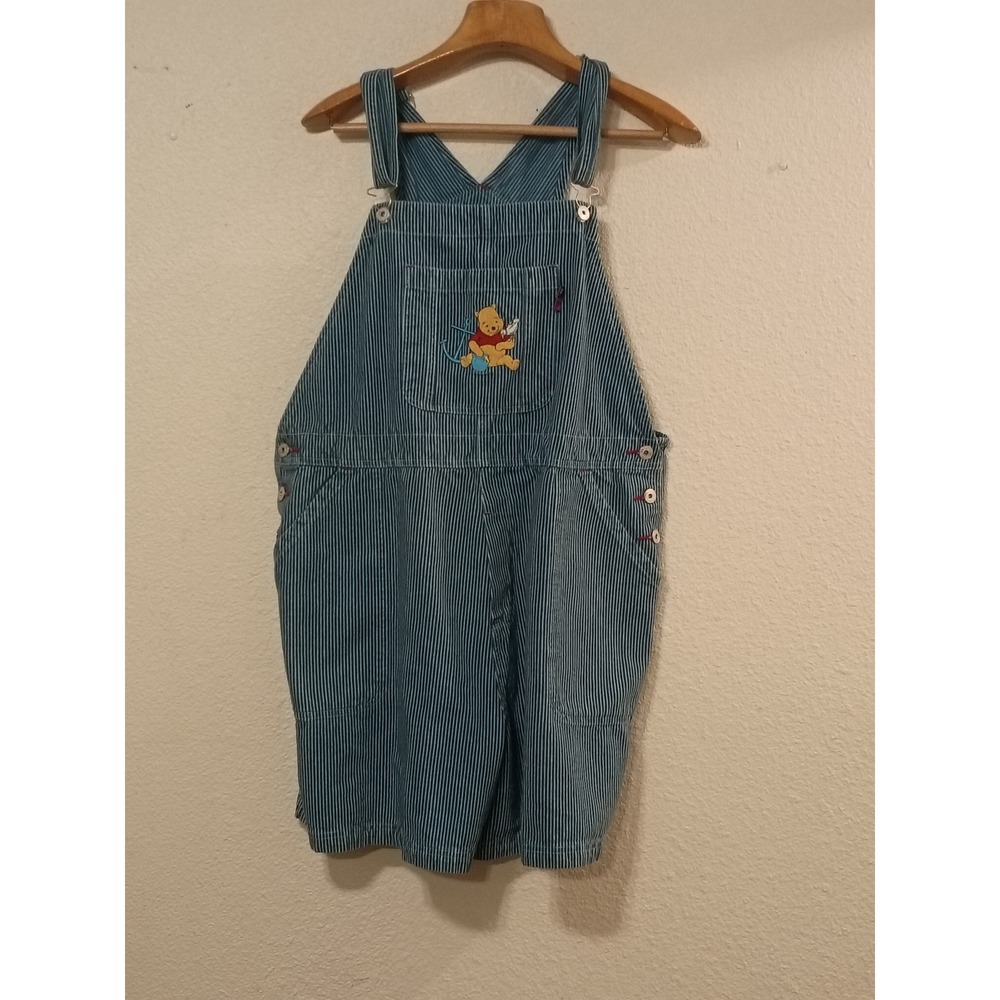 Vintage Disney Winnie the Pooh Hickory Stripe Denim Shortalls Blue White Small
